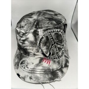 Leader Cadet Cap Distressed Crystal Studded Peace Logo Women's One Size